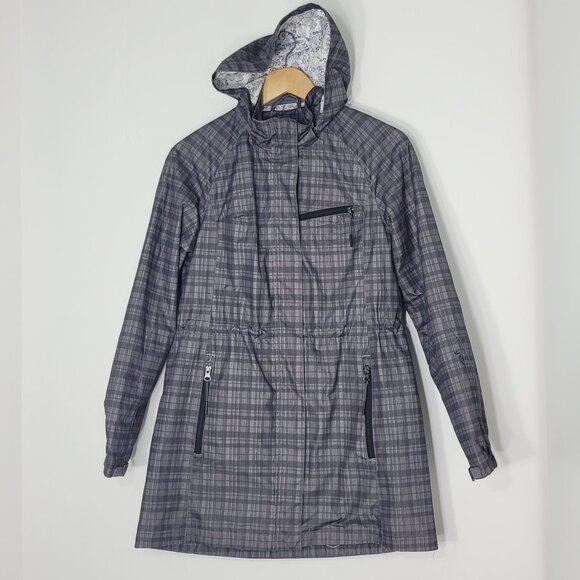 Snap Rain Coat Black Gray Plaid Zipper Pockets Long Sleeve Hooded Jacket P/S - Picture 1 of 14